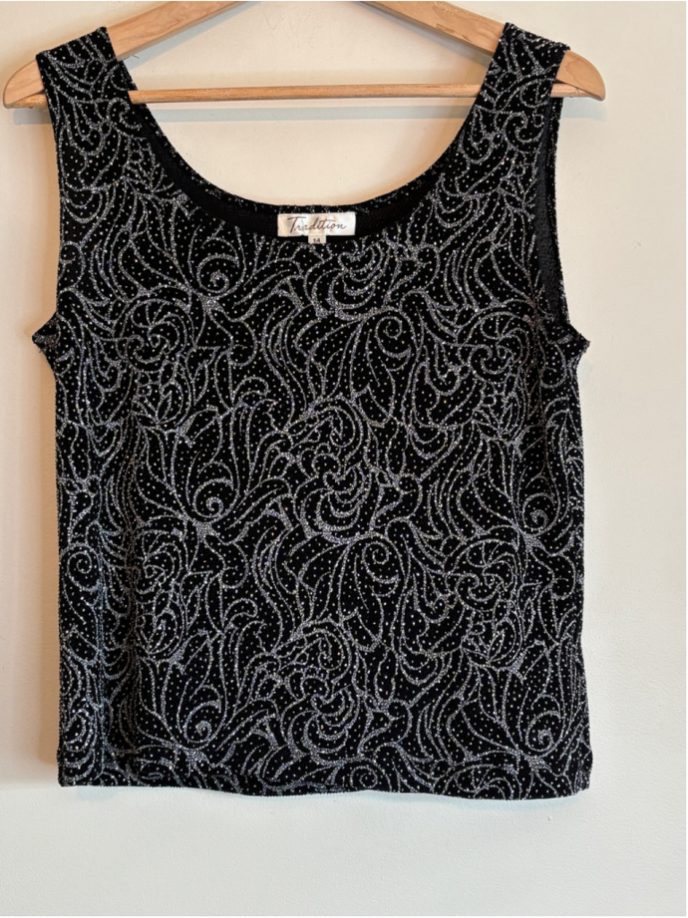 Y2K Mystical Tradition Tank Top Womens Size 14 Black Silver Glitter Pattern